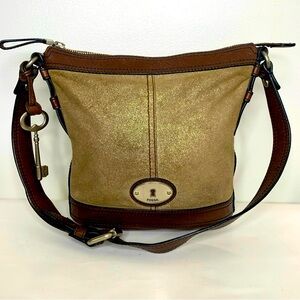 Fossil Vintage Maddox Bucket Shoulder Bag Metallic Key Charm Leather